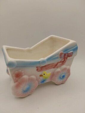 Ceramic Baby Carriage Planter Blue Pink Duck Nursery 5.5in